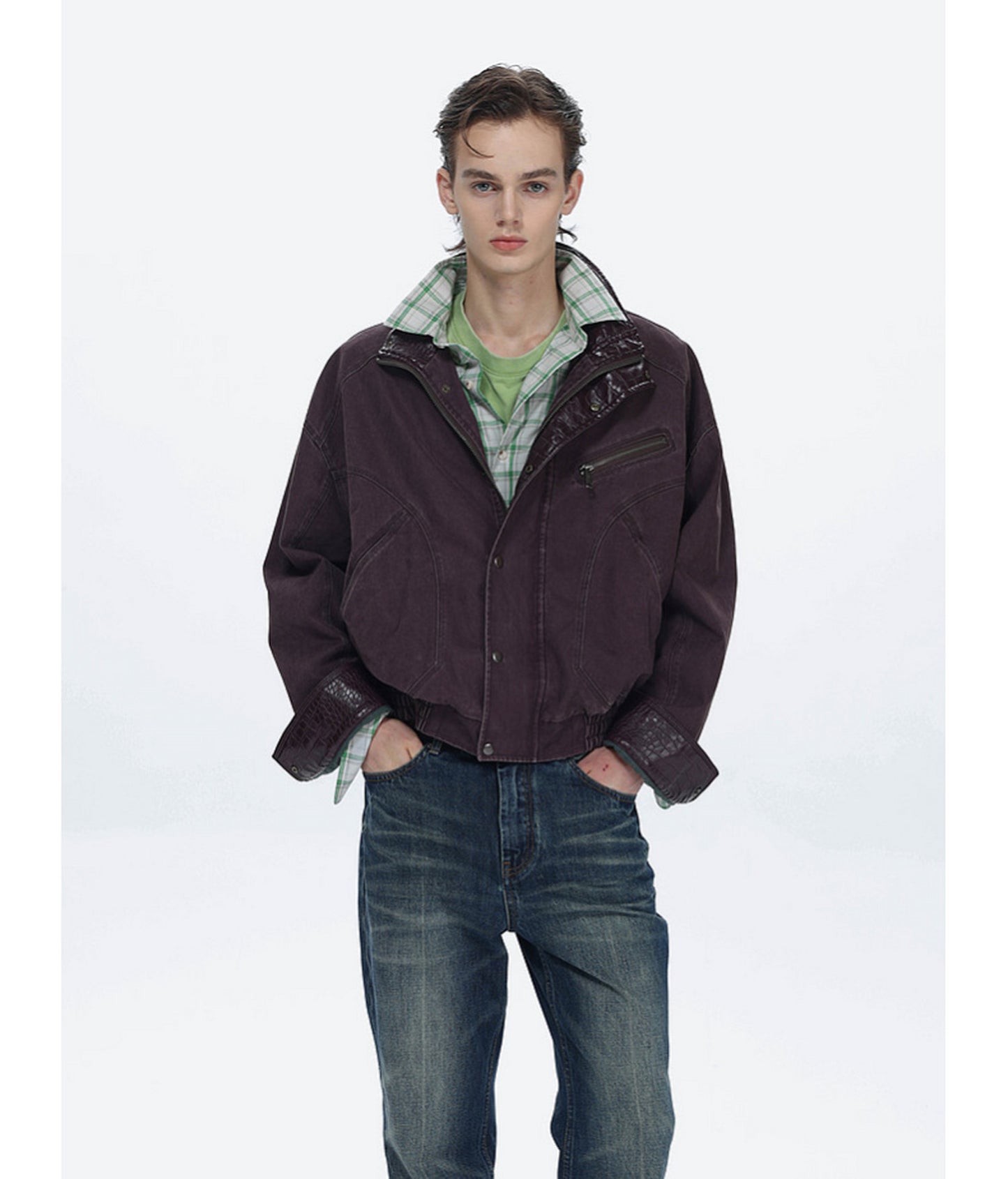 Faux Crocodile Leather Stand-Up Collar Jacket