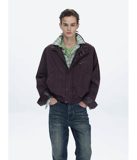 Faux Crocodile Leather Stand-Up Collar Jacket