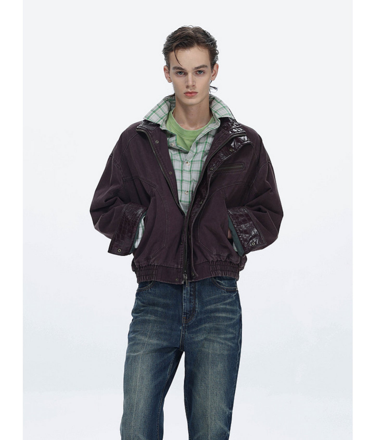 Faux Crocodile Leather Stand-Up Collar Jacket