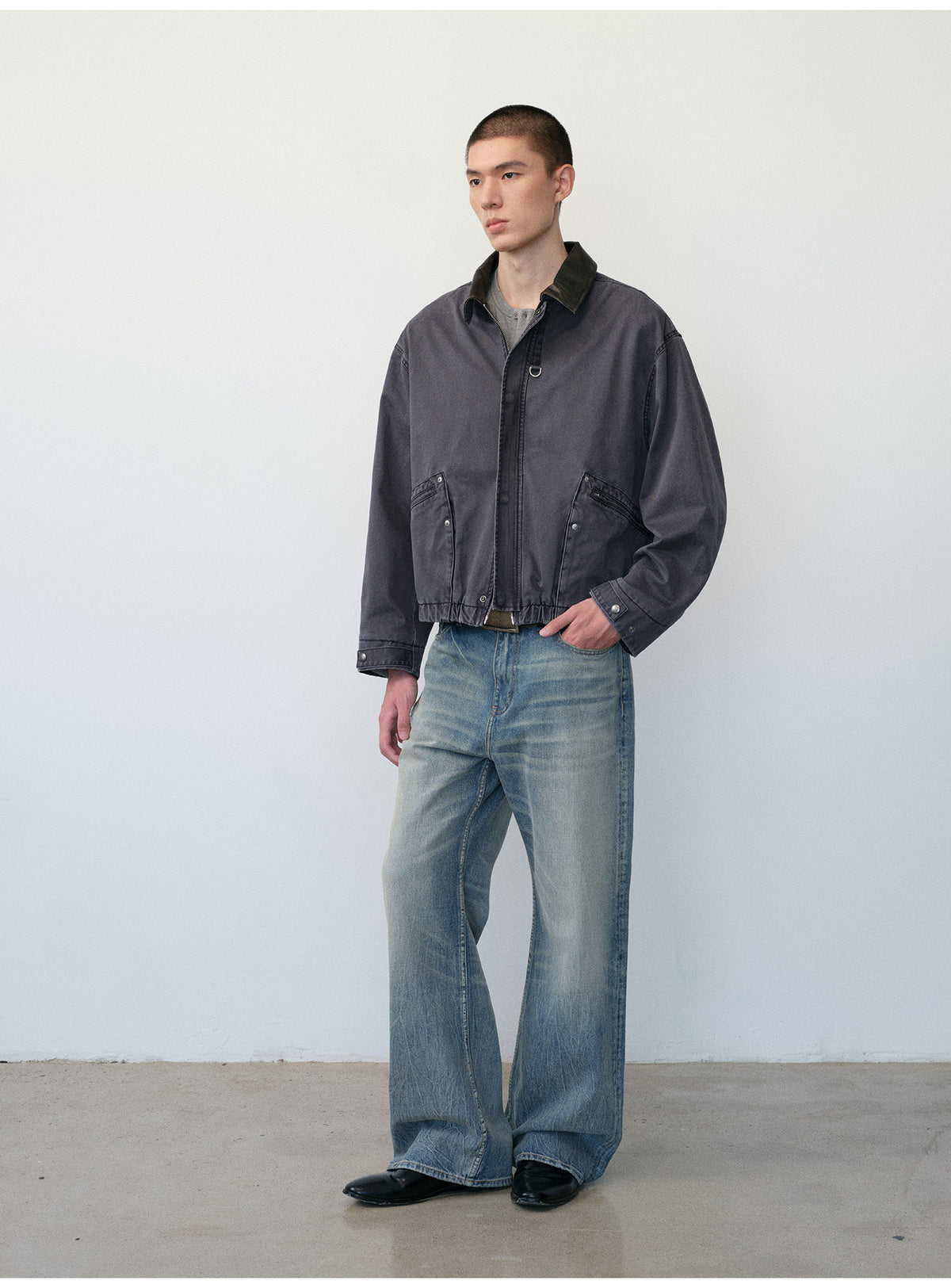Distressed Leather Color-Block Work Jacket
