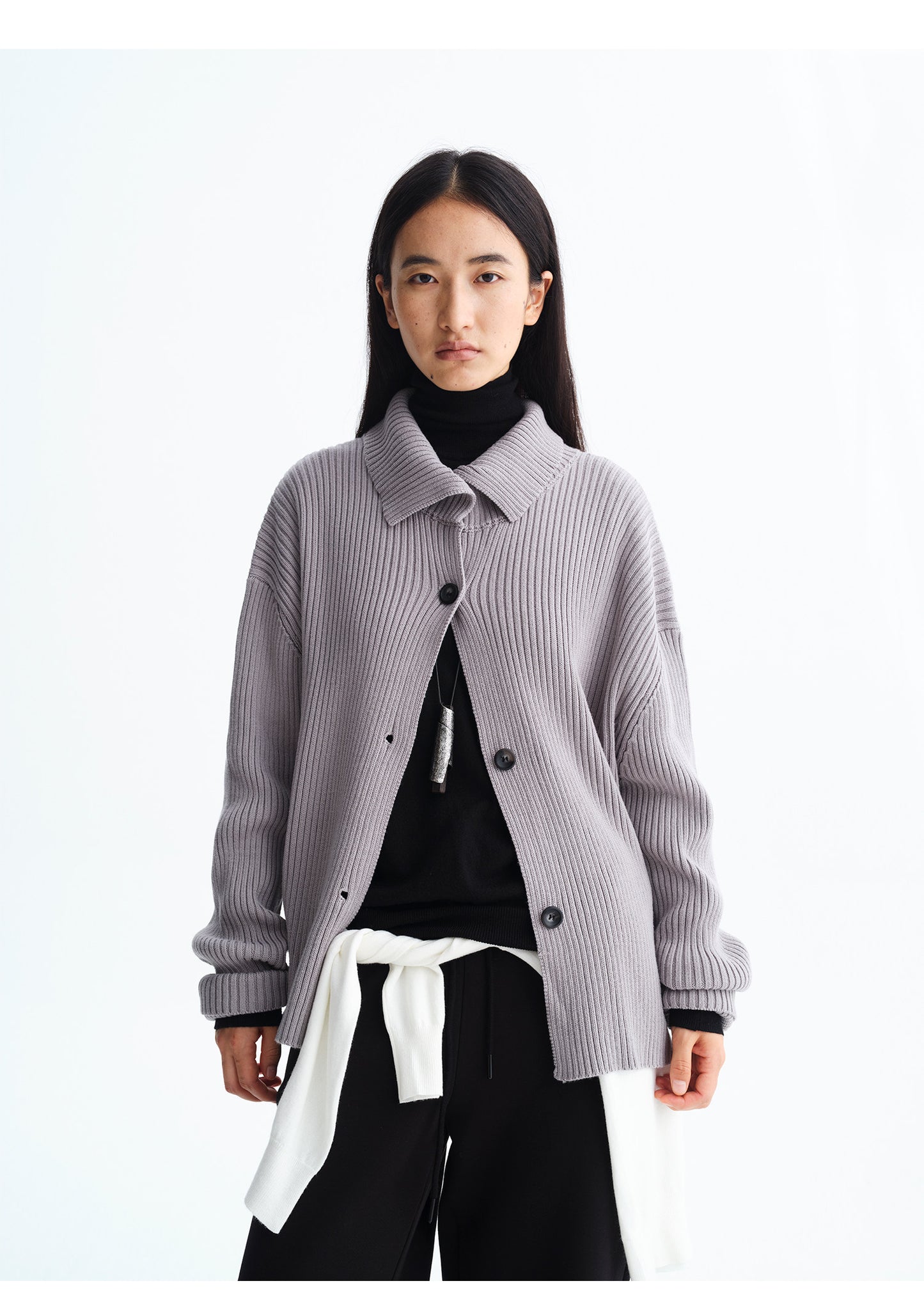 High-Neck Rib-Knit Cardigan