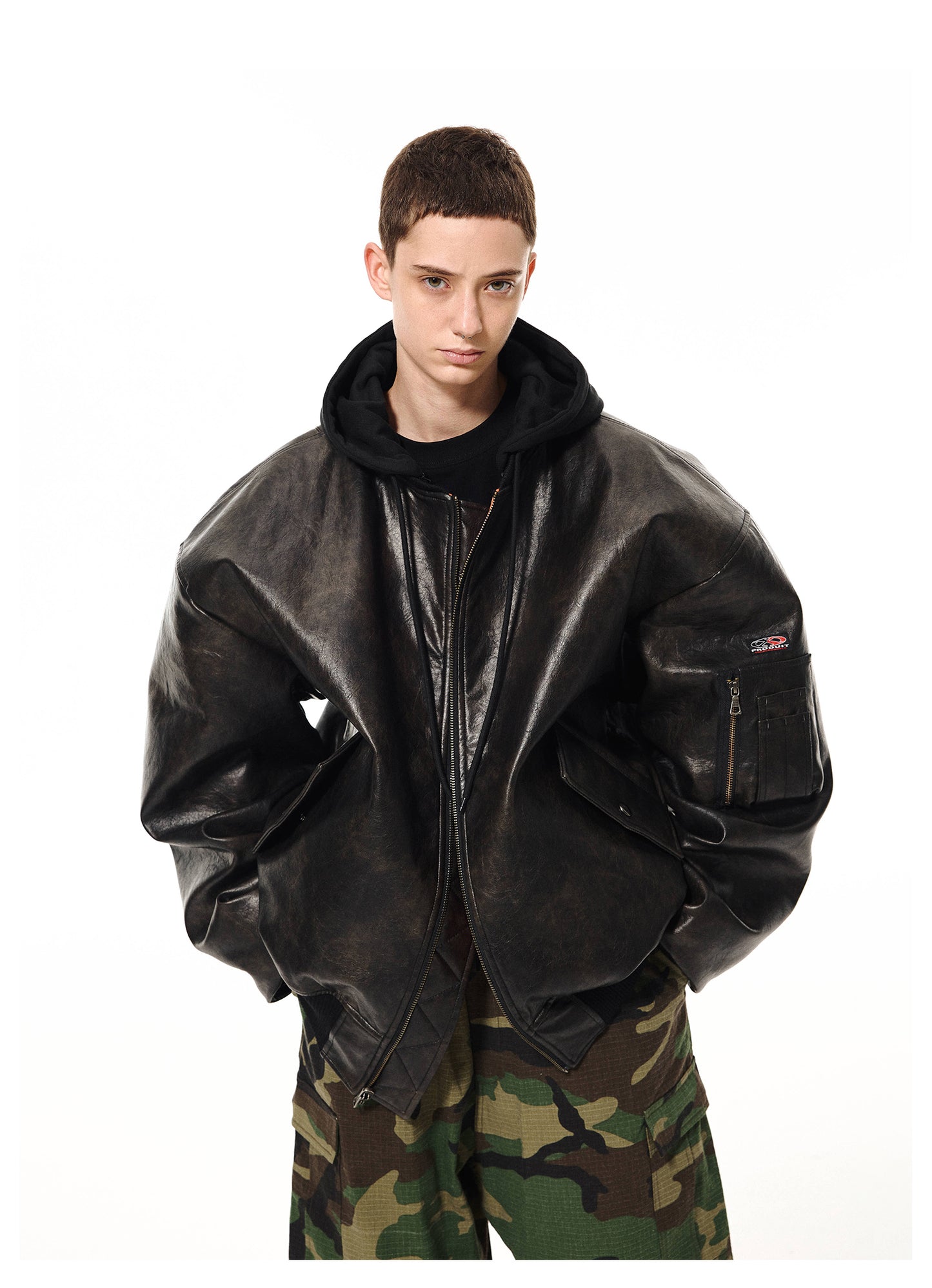 Heavyweight removable hooded bomber leather jacket 