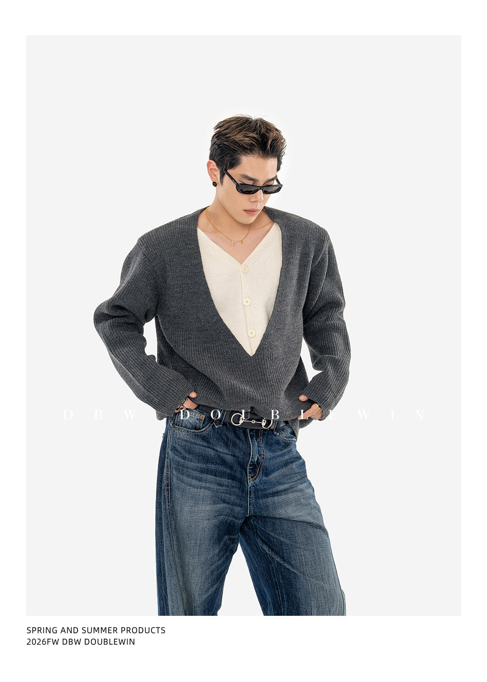 Faux Two-Piece V-Neck Knit Sweater with Shoulder Pads