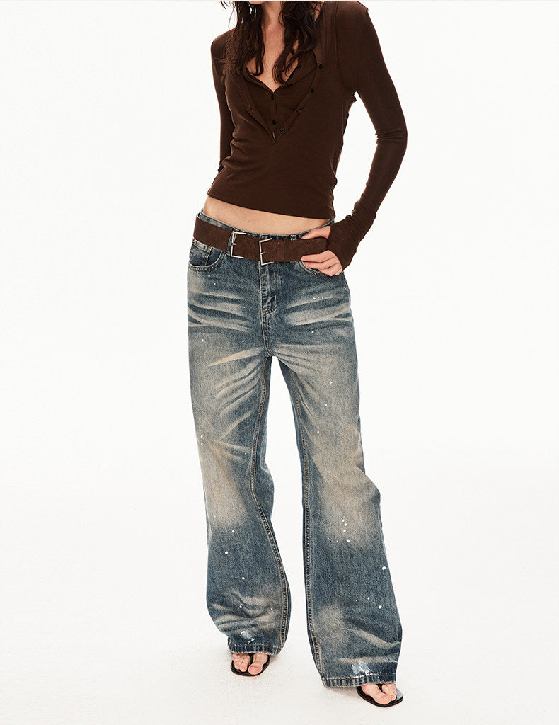 Distressed jeans with a paint-splatter design