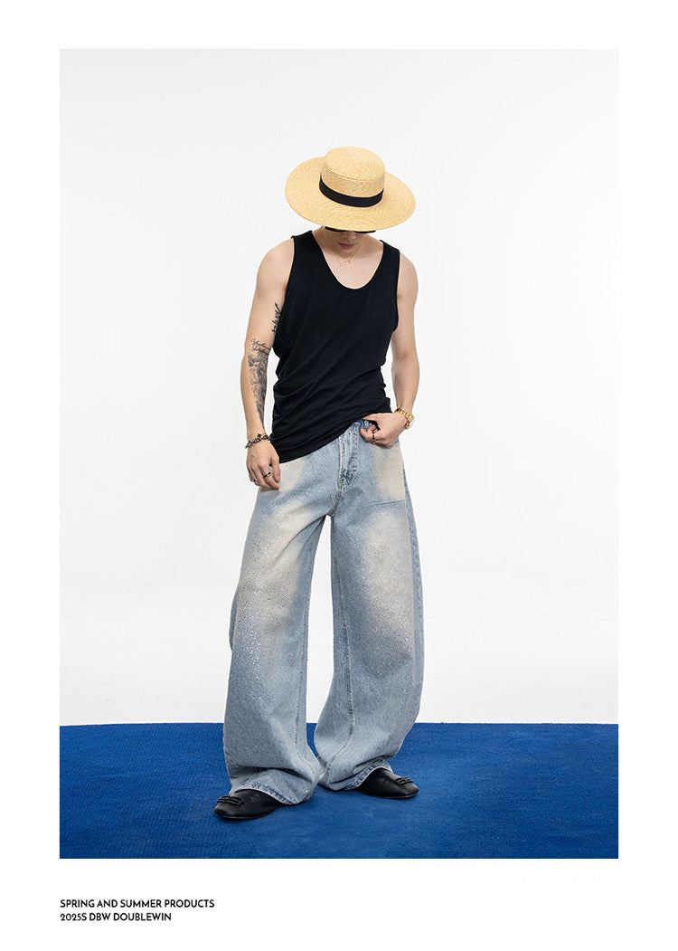 Wash-Finish Wide-Leg Casual Jeans