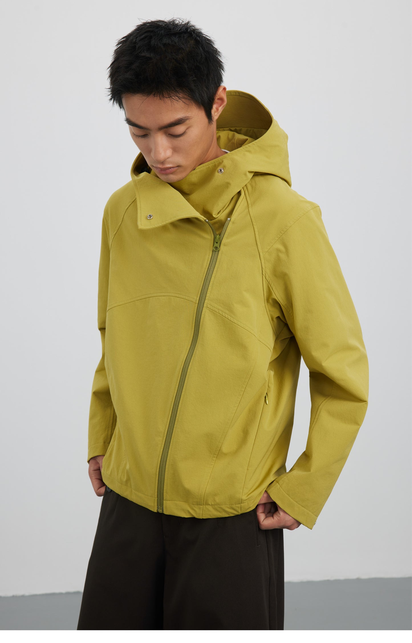 Diagonal Placket High Collar Hooded Jacket
