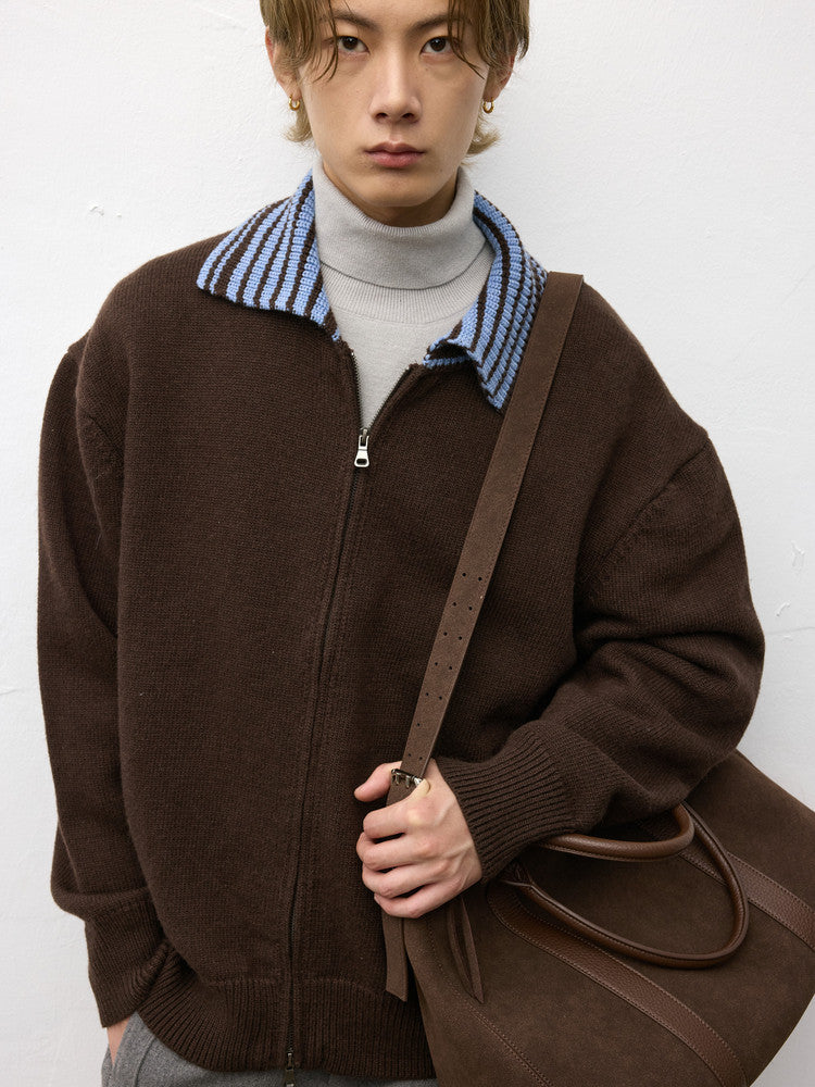 Color Block Lapel Zipper Sweater