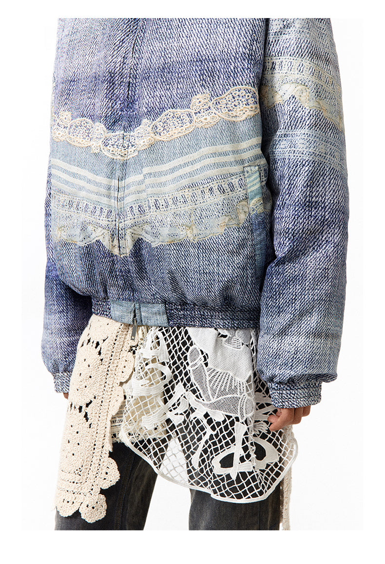 Faux Print Lace Denim Jacket