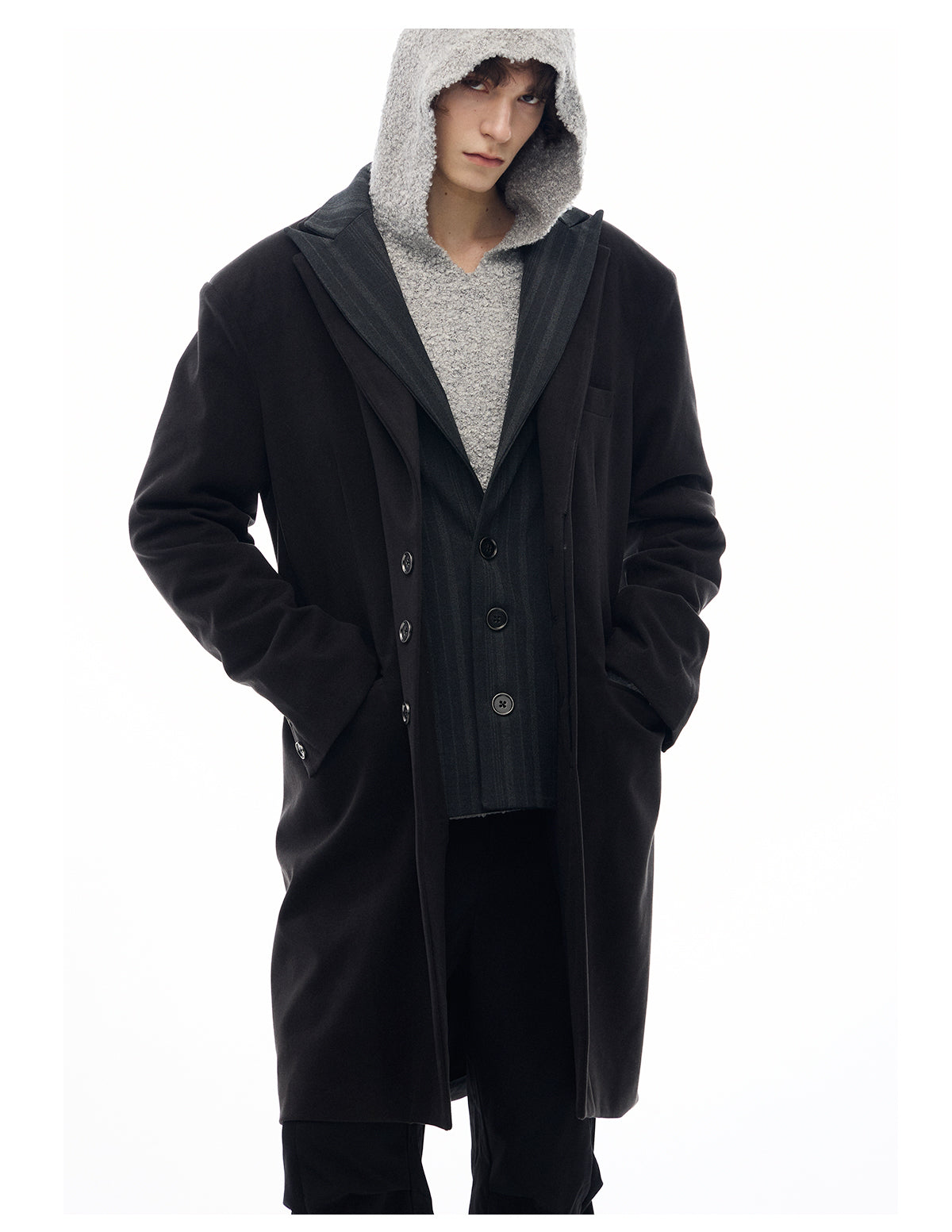 Double collar faux two-piece wool coat