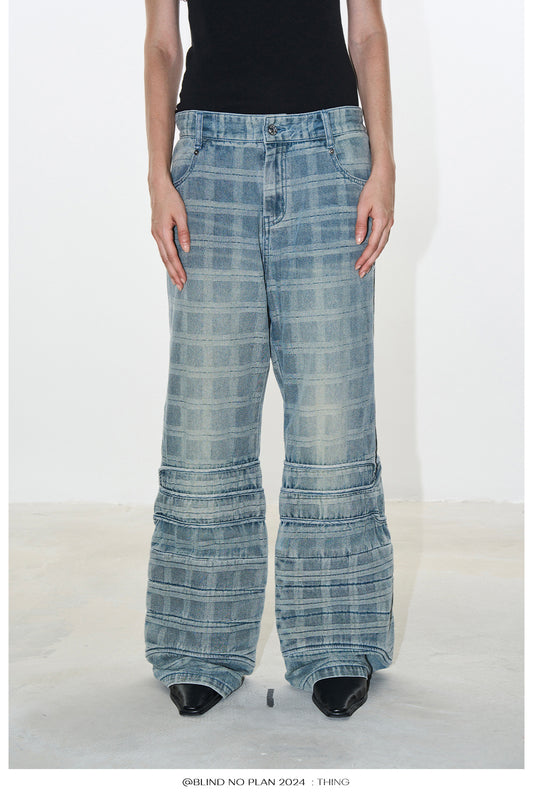 Damaged checkered micro flared denim pants