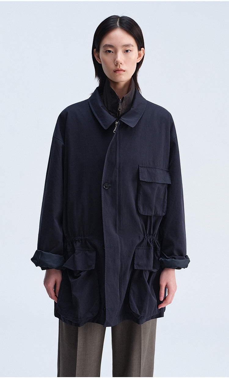 Work Jacket with Waist Drawstring and Relaxed Fit