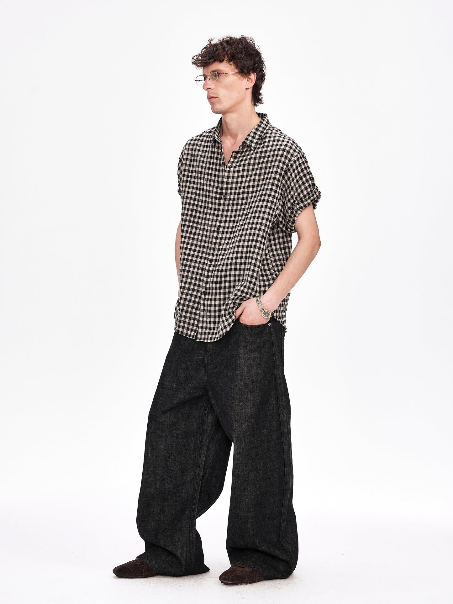 Rolled-Sleeve Checkered Linen Shirt