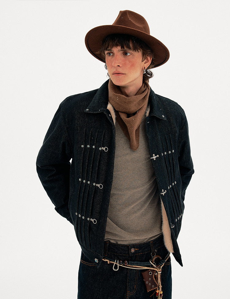 Pleated Airplane Button Denim Jacket