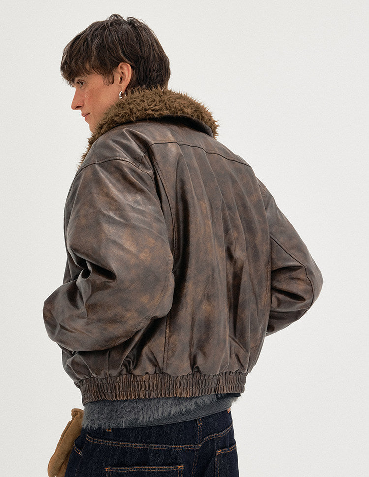 Padded Distressed PU Leather Jacket