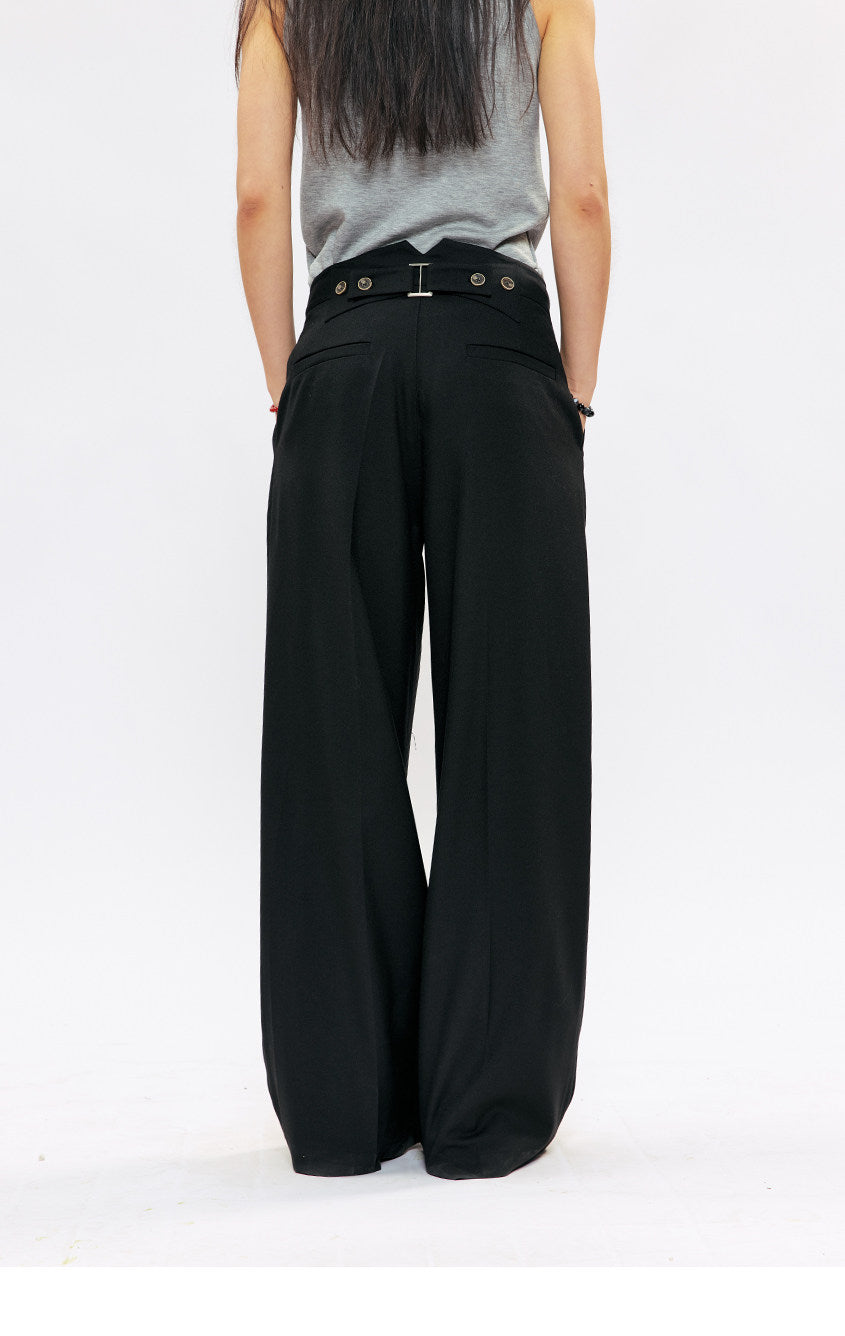 Suspender Buckle Pleated Casual Pants