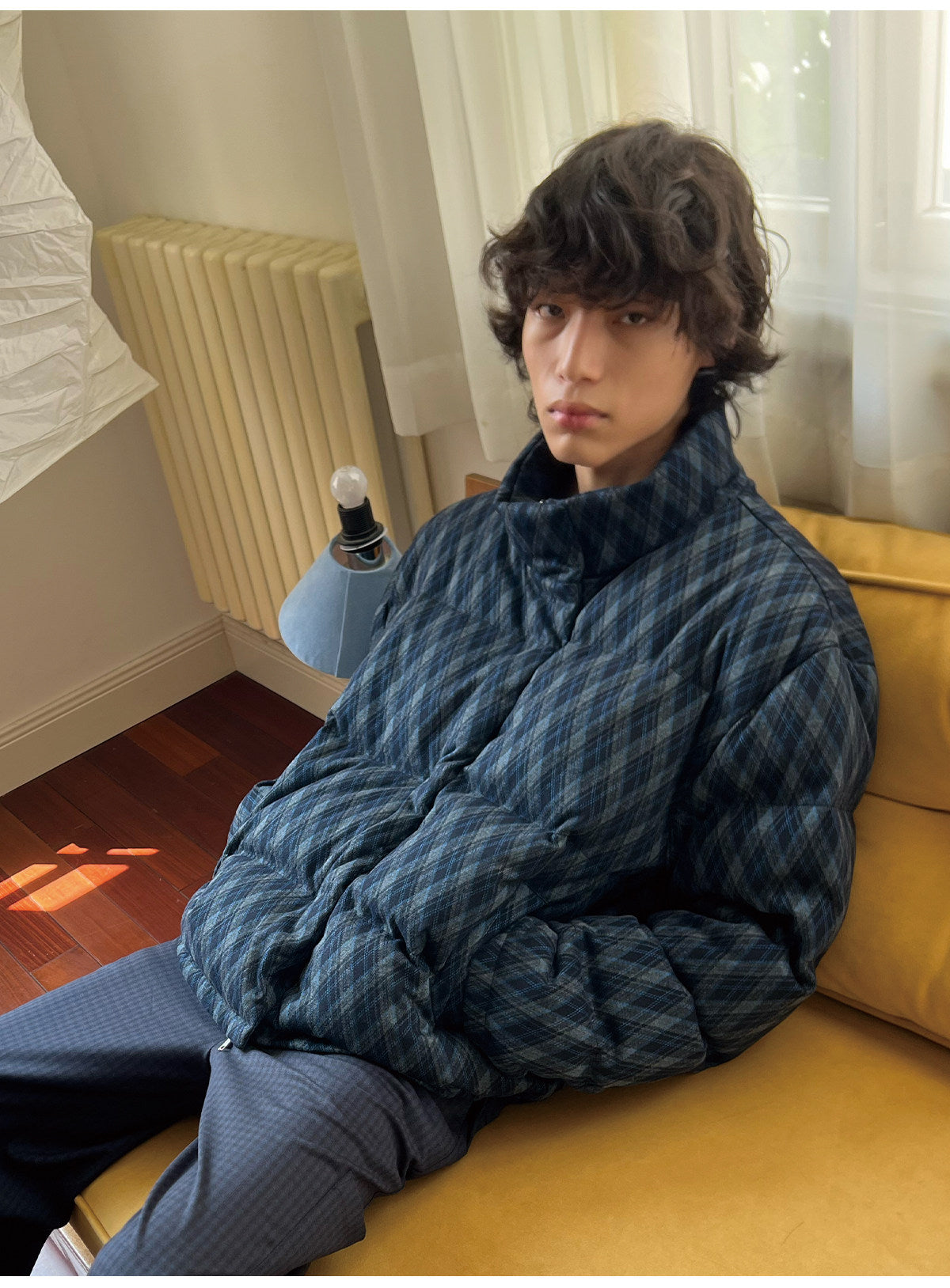 Diamond-Check Stand-Collar Down Jacket