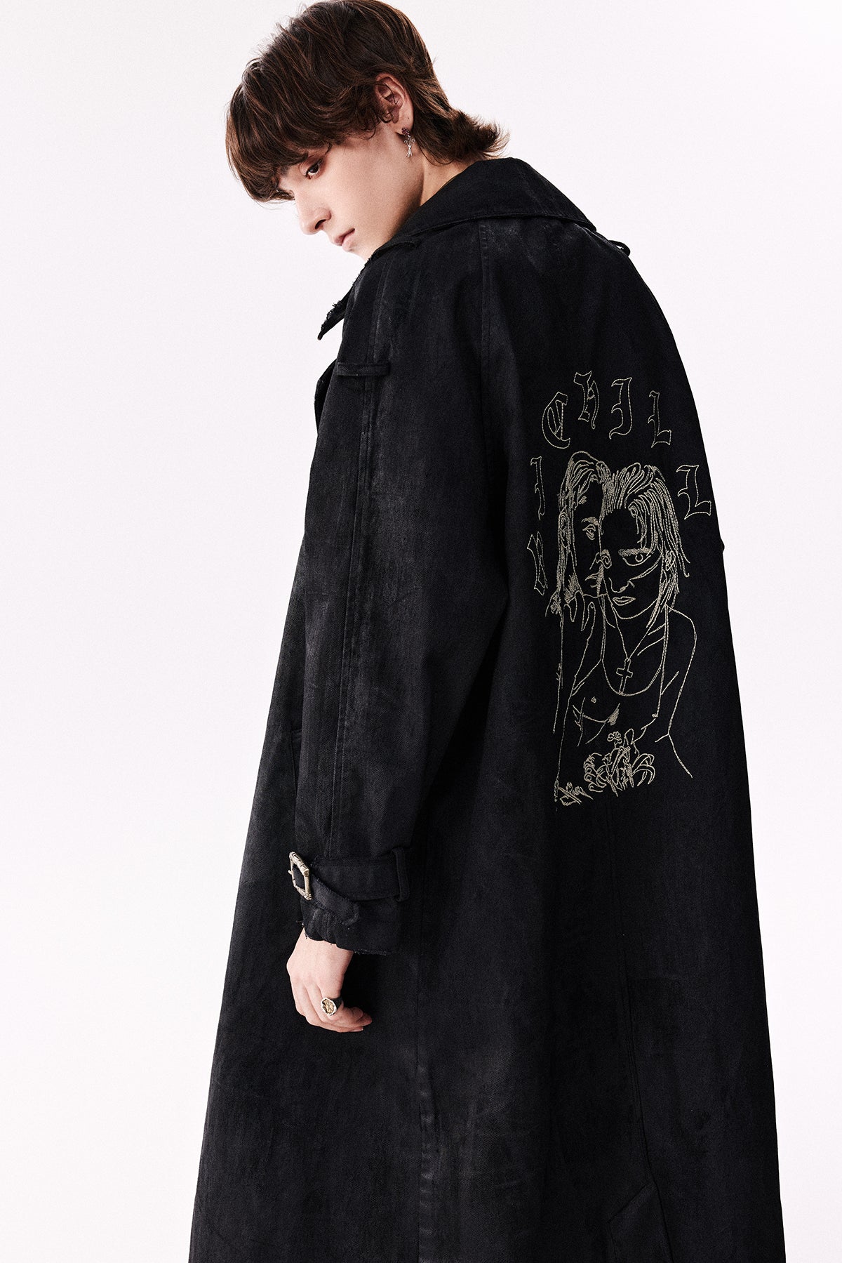 Wax Destroy Embroidery Long Coat