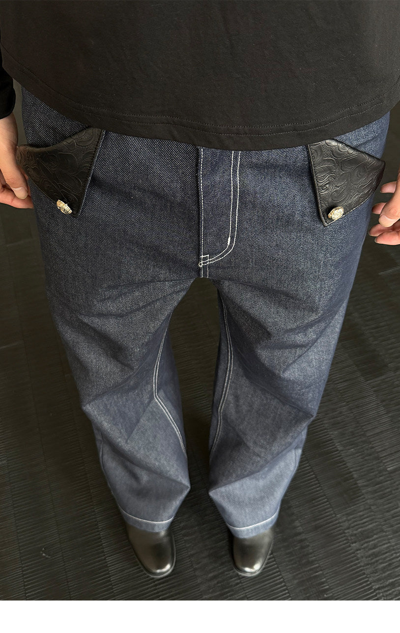 PU Patchwork Raw Denim Pants