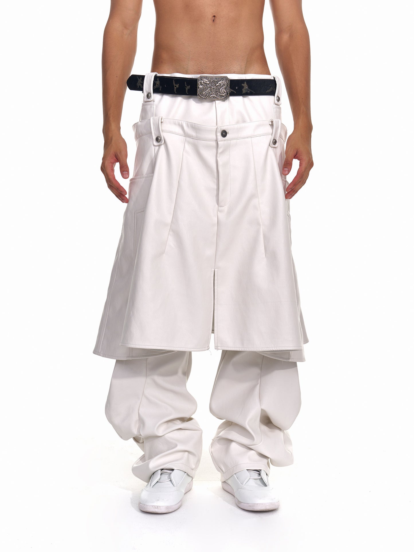 Faux Two-Piece Pleated Leather Pants