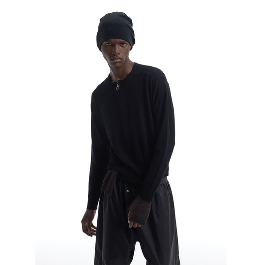 Lightweight Knit Sweater with Half-Zip and Openwork Design