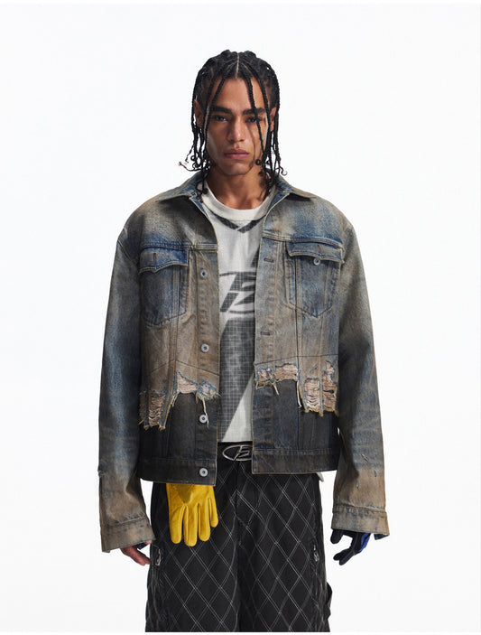Distressed Patchwork Denim Jacket