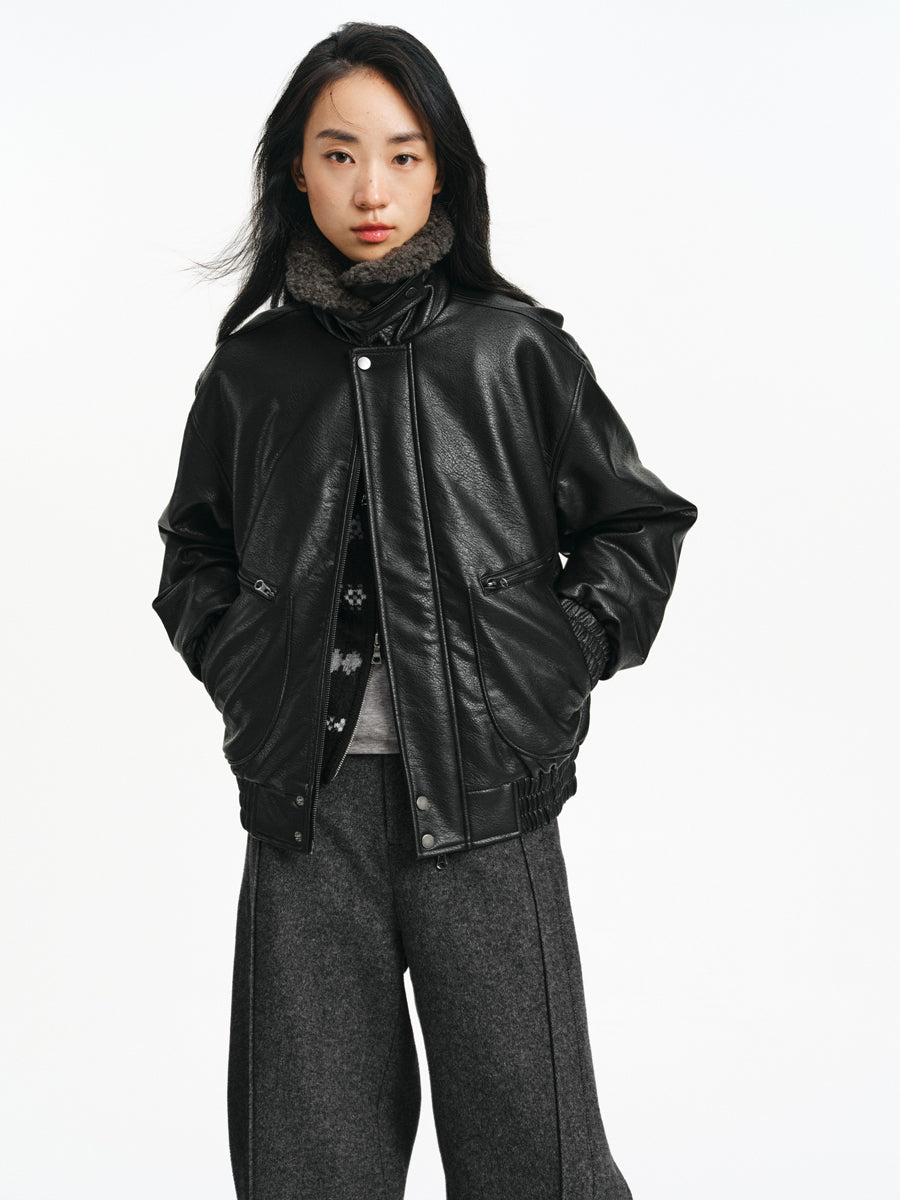 Detachable Collar PU Leather Jacket