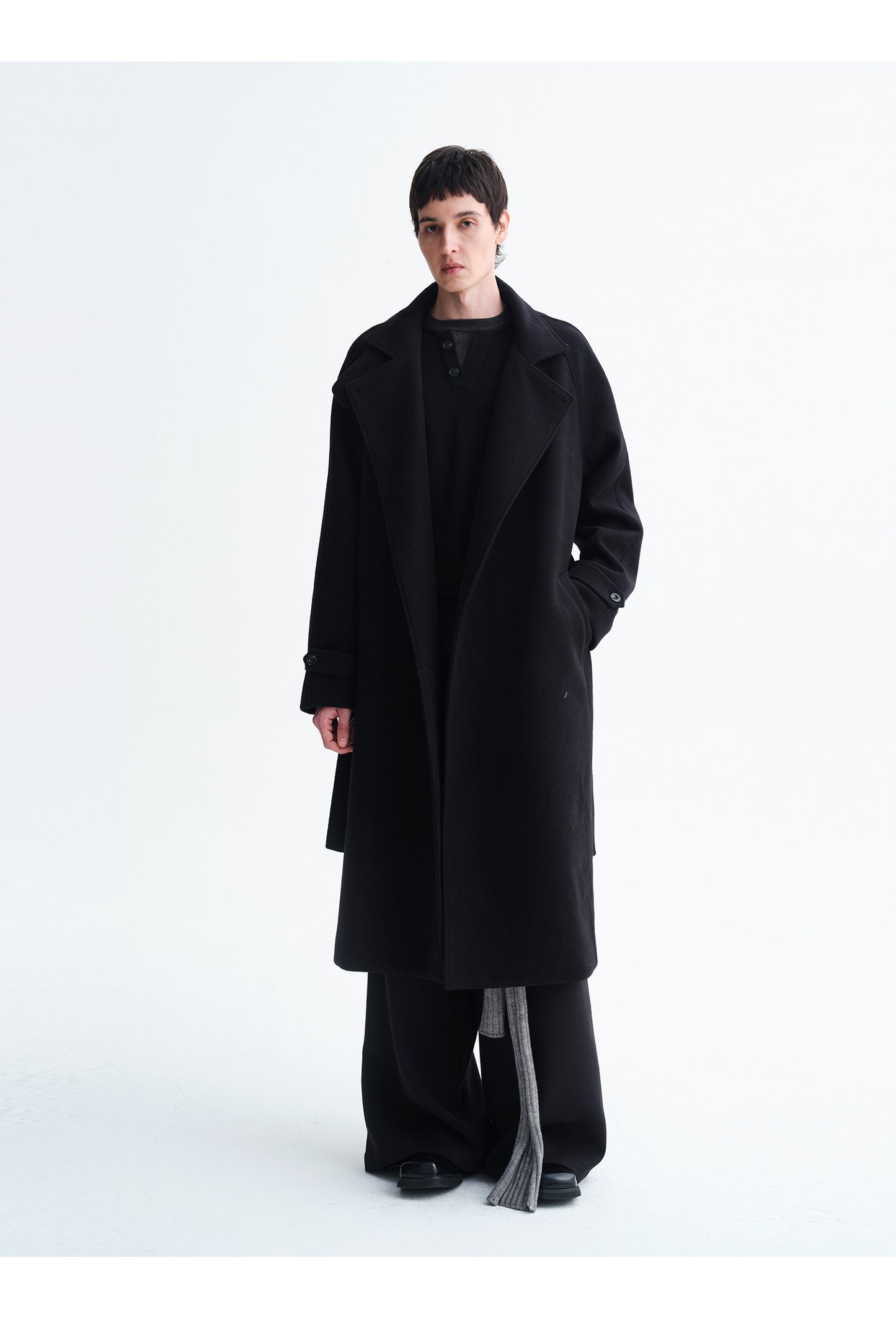 Wool-Blend Stand Collar Long Coat