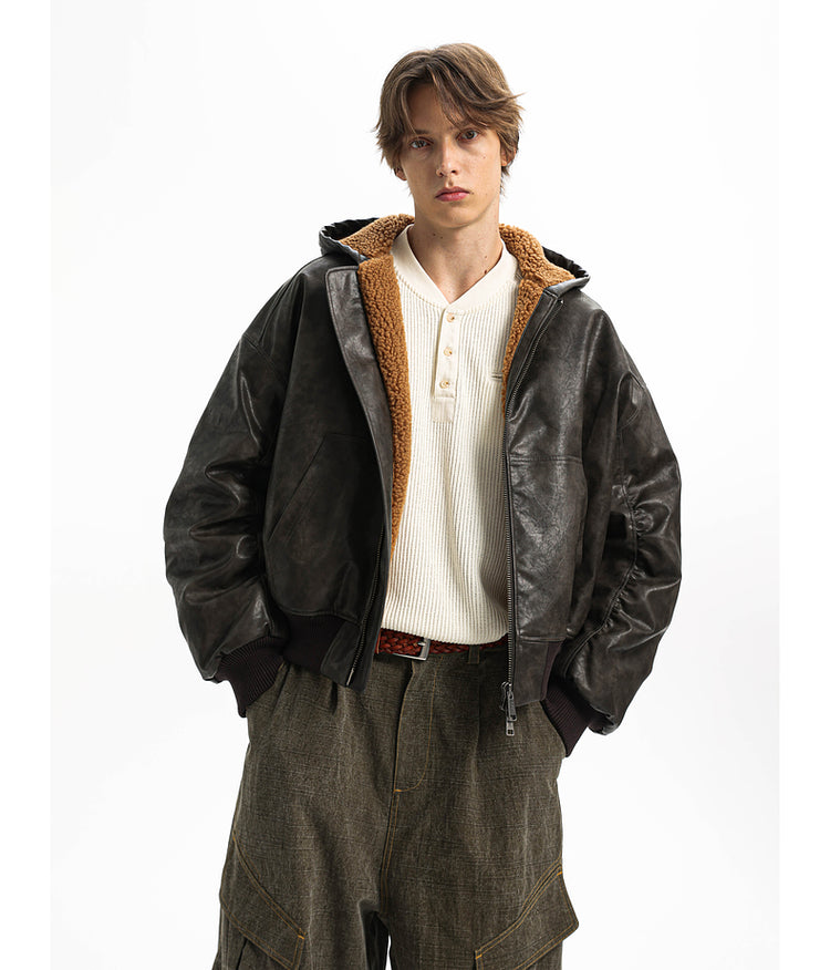 Oil wax short wide hooded jacket