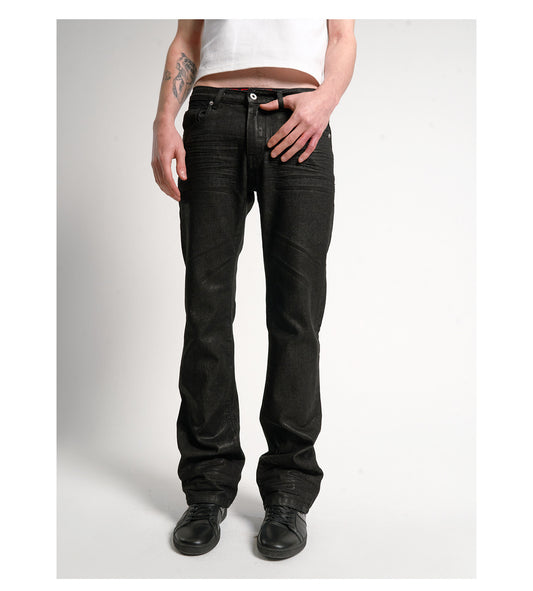 왁스 코팅 플리츠 데님 팬츠