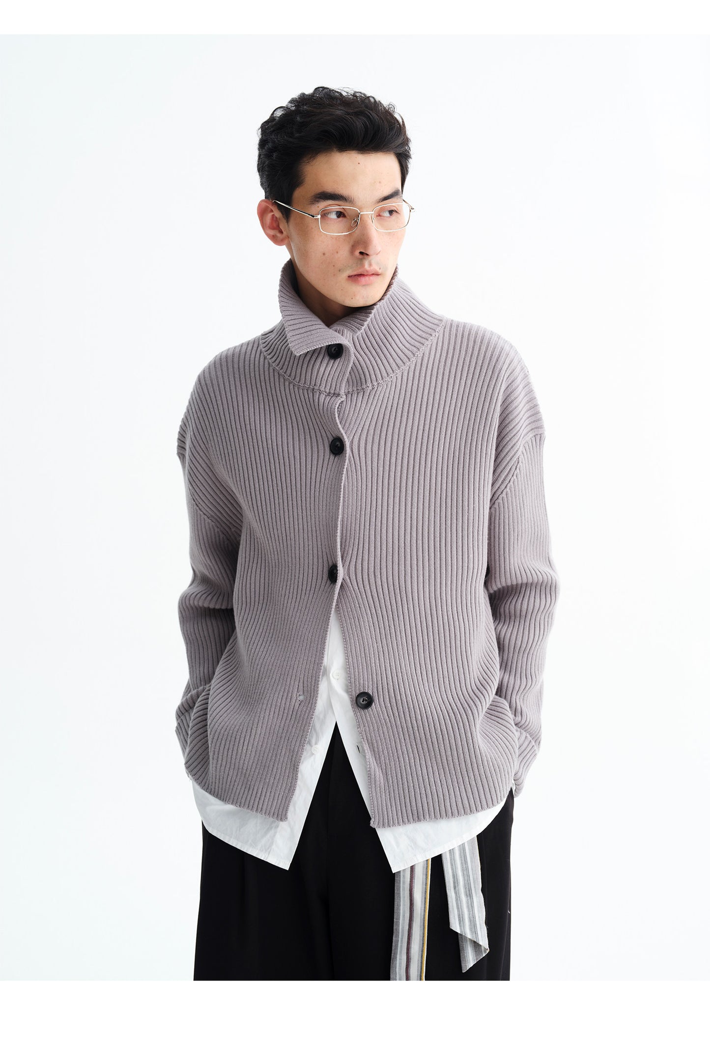 High-Neck Rib-Knit Cardigan