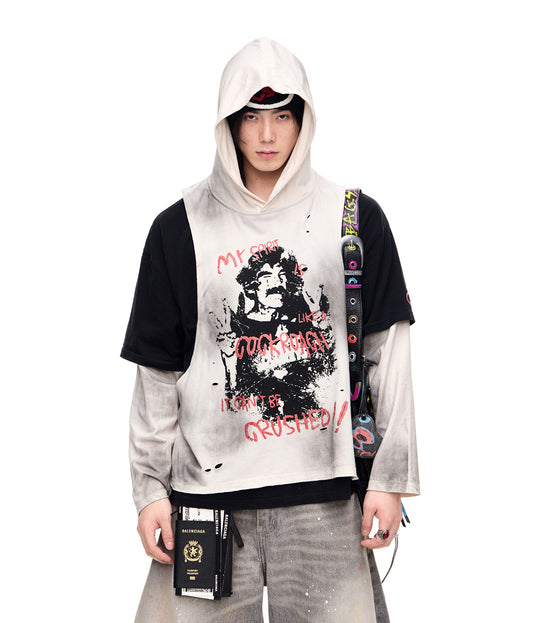 Damaged Faux Two-piece T-shirt with Hood