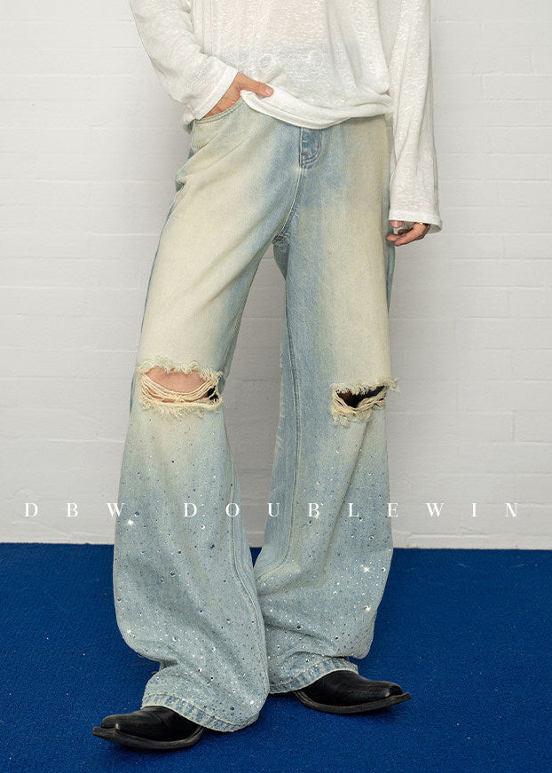 Rhinestone-Embellished Gradient Straight-Leg Jeans