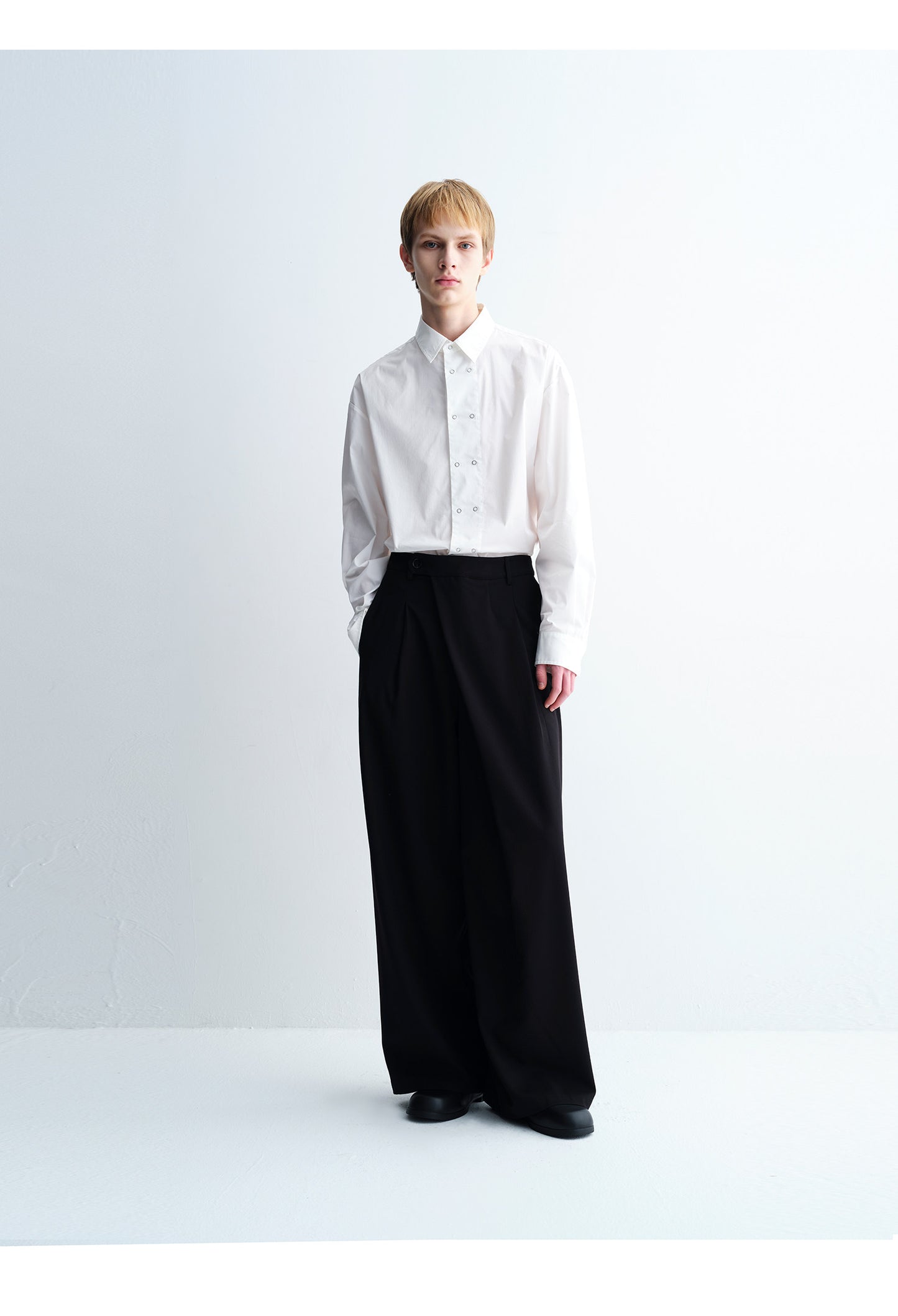 Double-Breasted Round-Hem Loose-Fit Shirt
