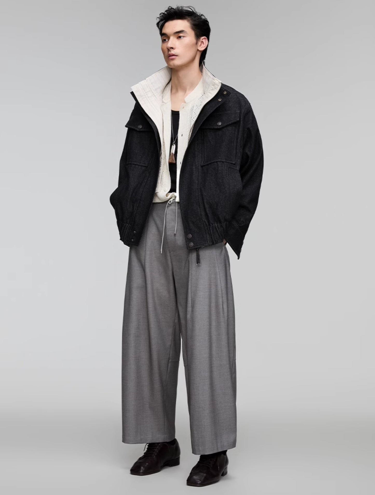 Stand collar patch pocket denim jacket