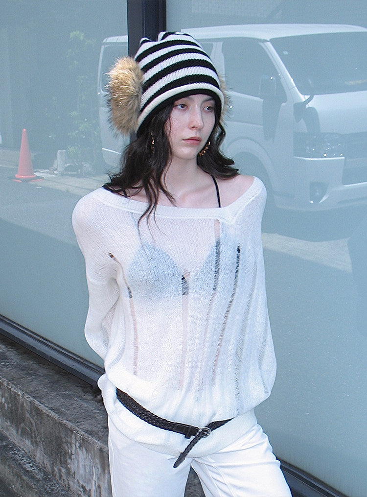 Striped Fur Knit Cap