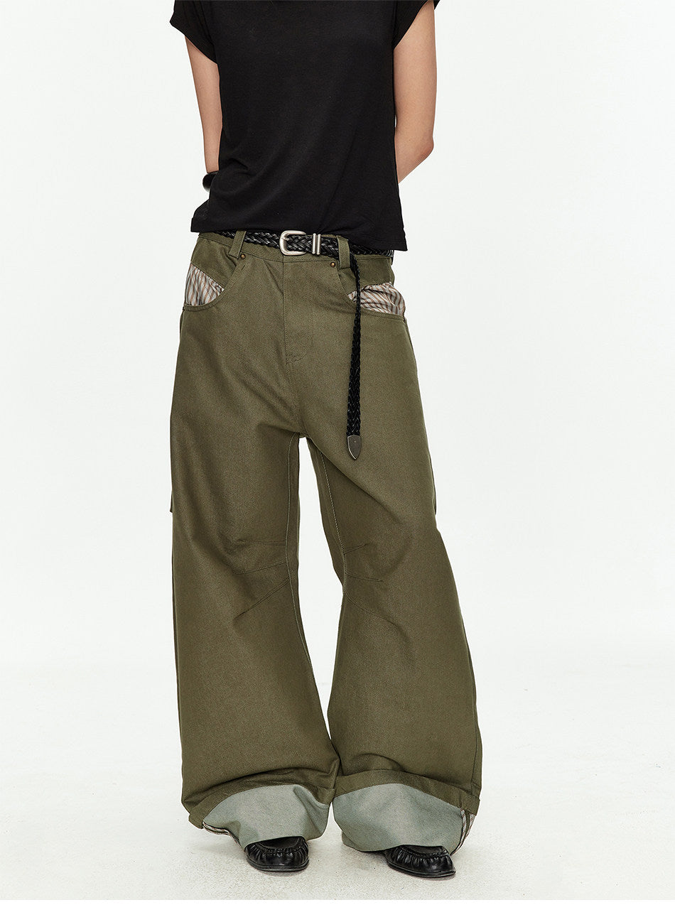 Wide-Leg Workwear Pants with Checkered Pockets