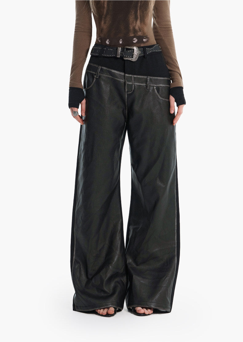 Faux Two-Piece Double-Waist Patchwork Leather Pants
