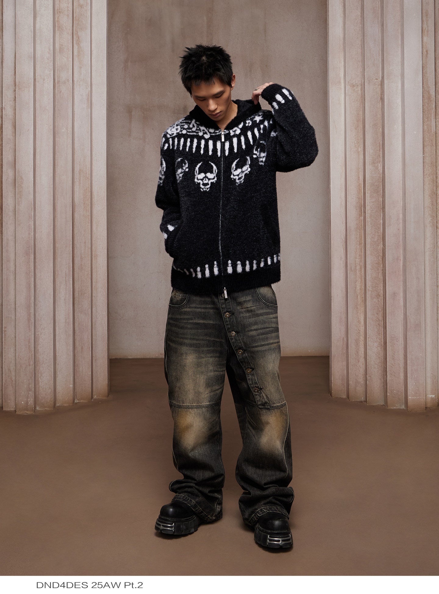 Skull Print Hooded Cardigan