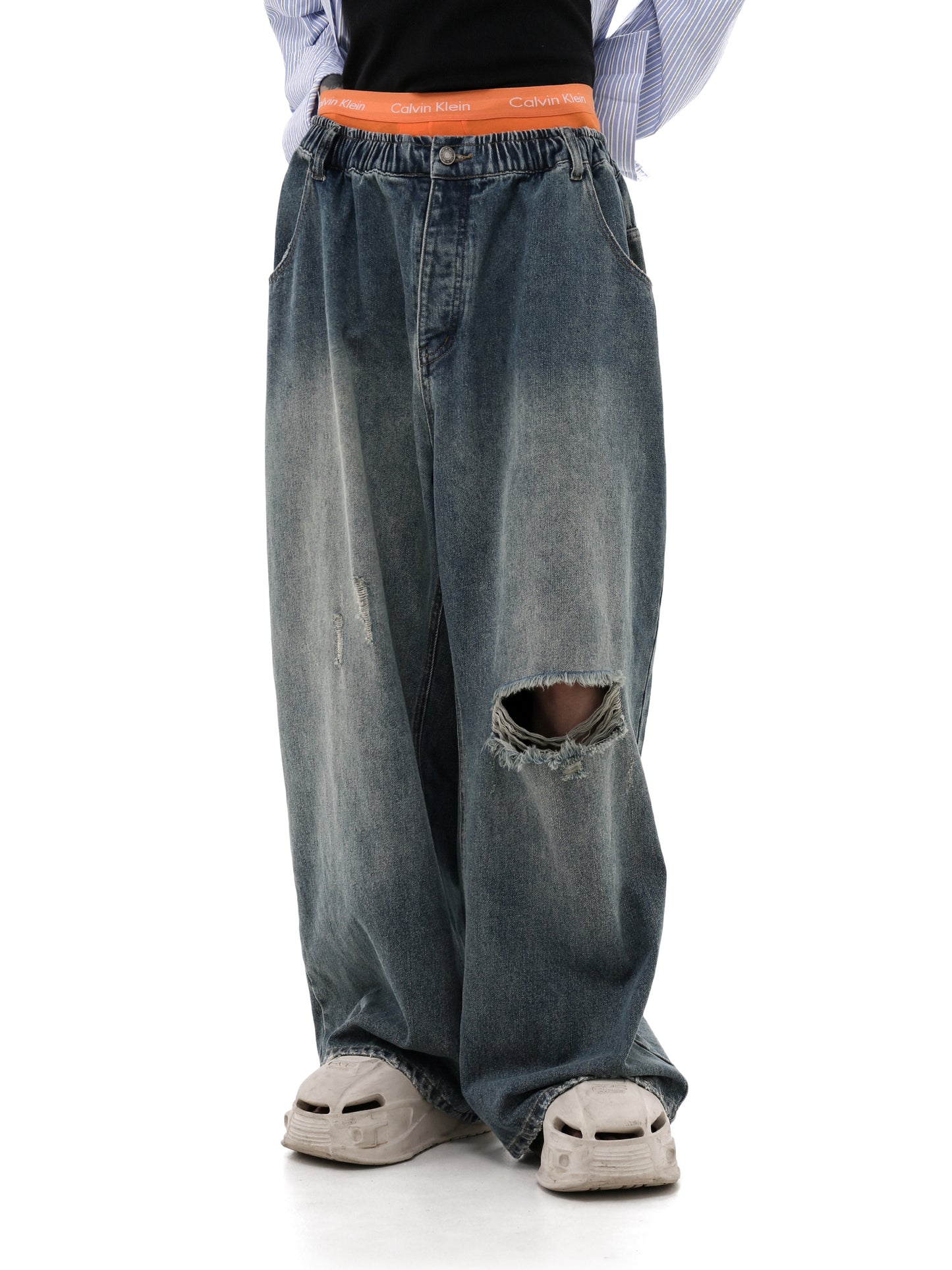 Drawstring Damaged Washed Denim Pants