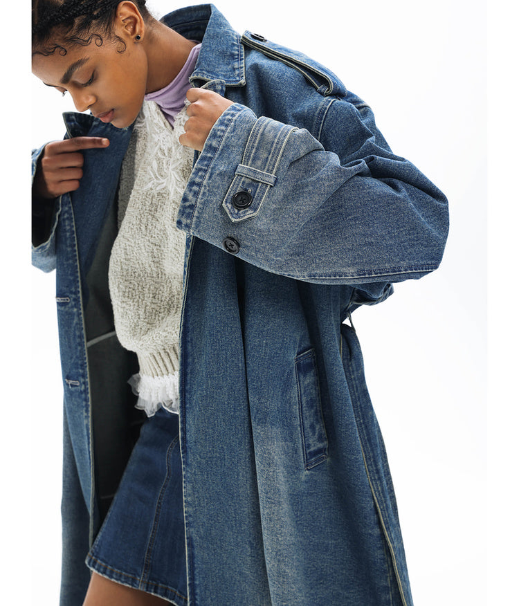 Double-breasted denim long coat