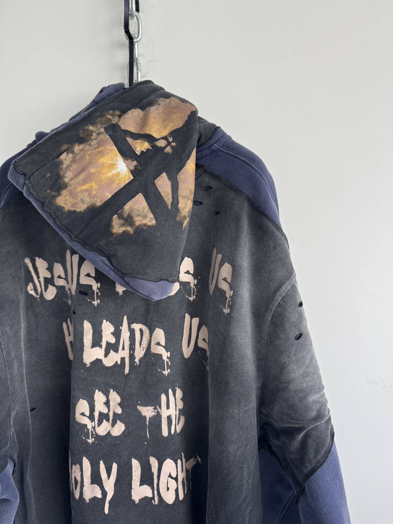 Rock Print Distressed Design Zip-Up Hoodie