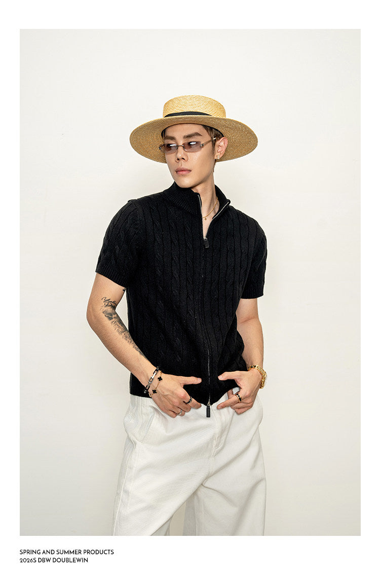 High-neck cable-knit shirt