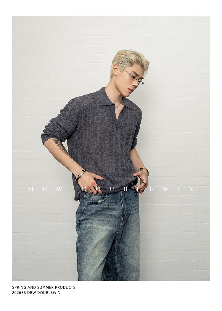 V-neck lapel knit sweater