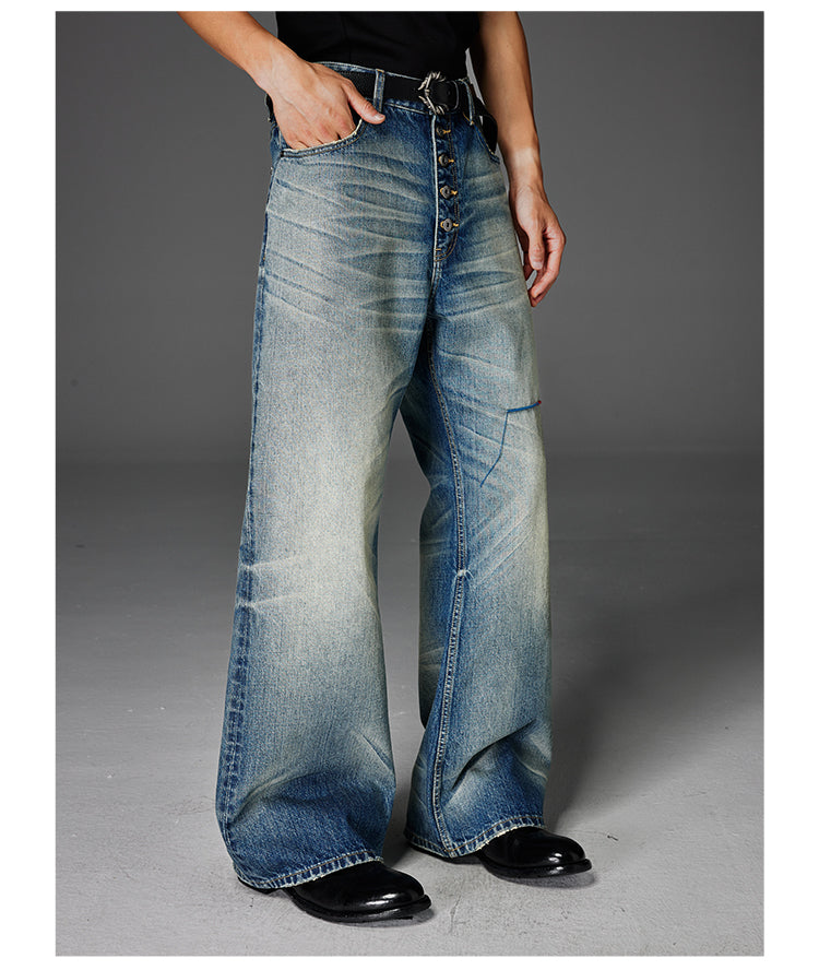 Wash-Damaged Denim Pants