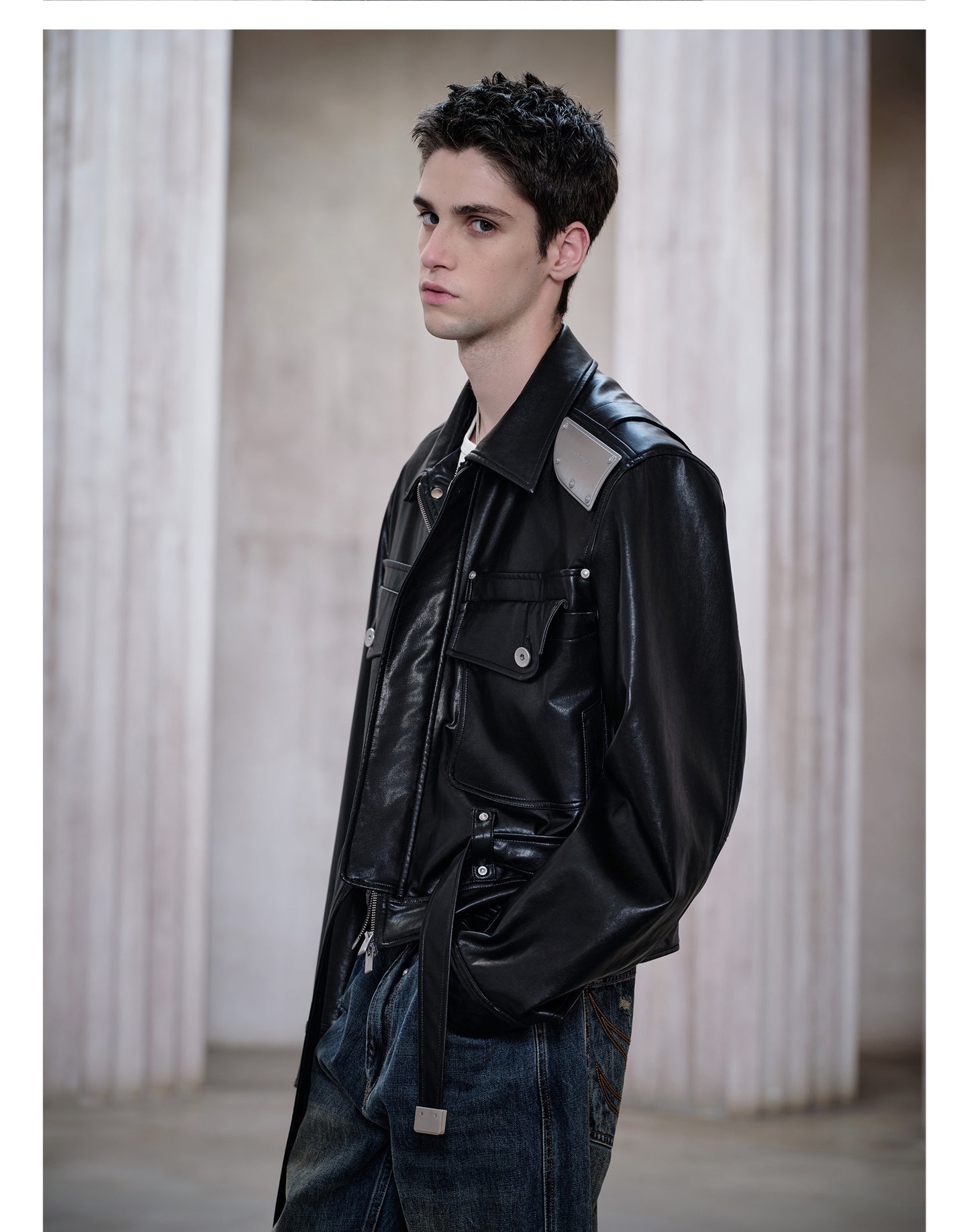Metal Shoulder Leather Jacket