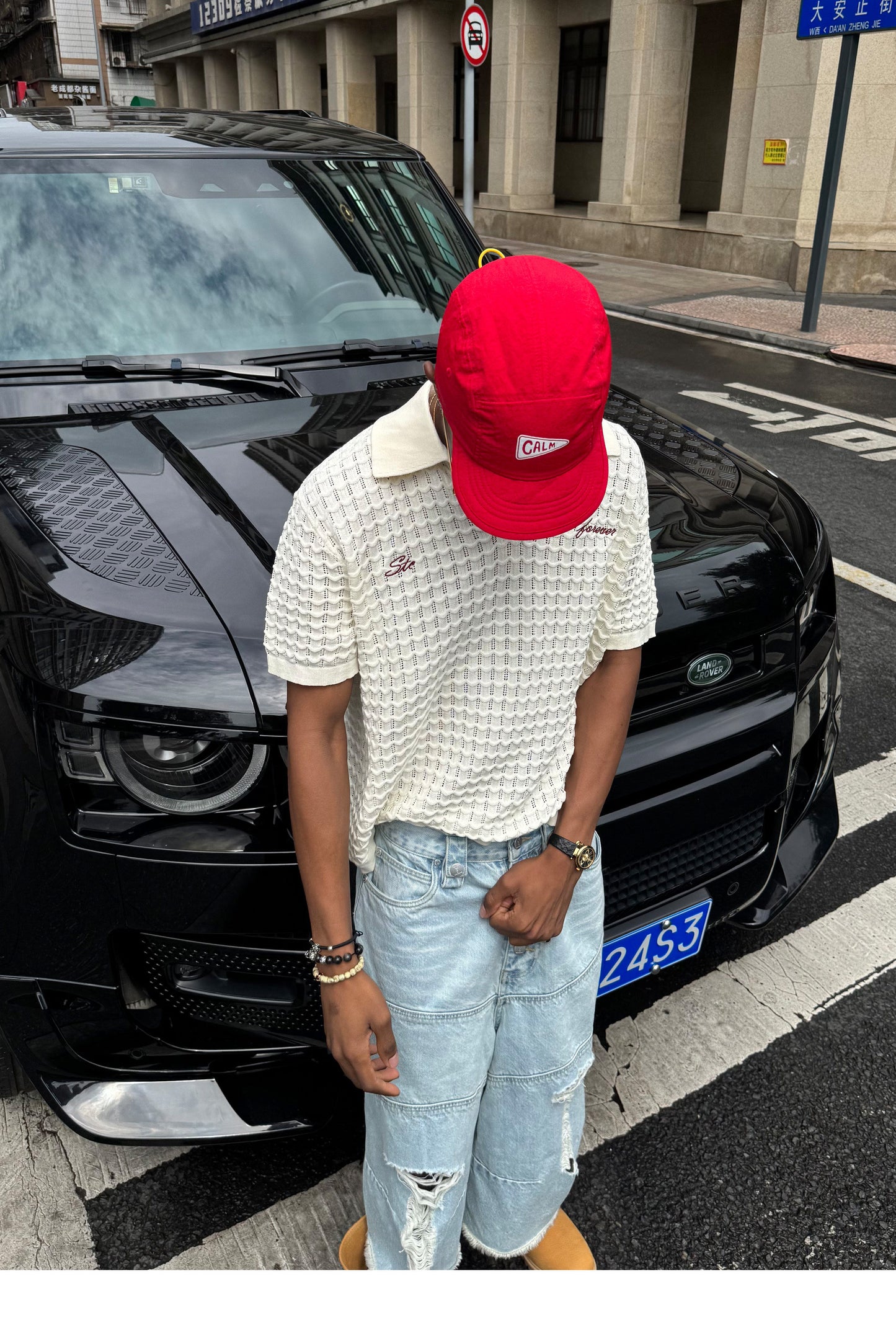 Embroidered Jacquard V-Neck Polo Shirt