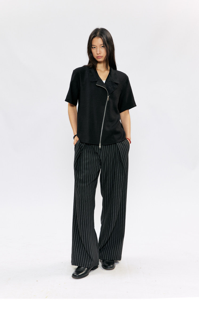 Multi-form Collar Shirt with Diagonal Zipper