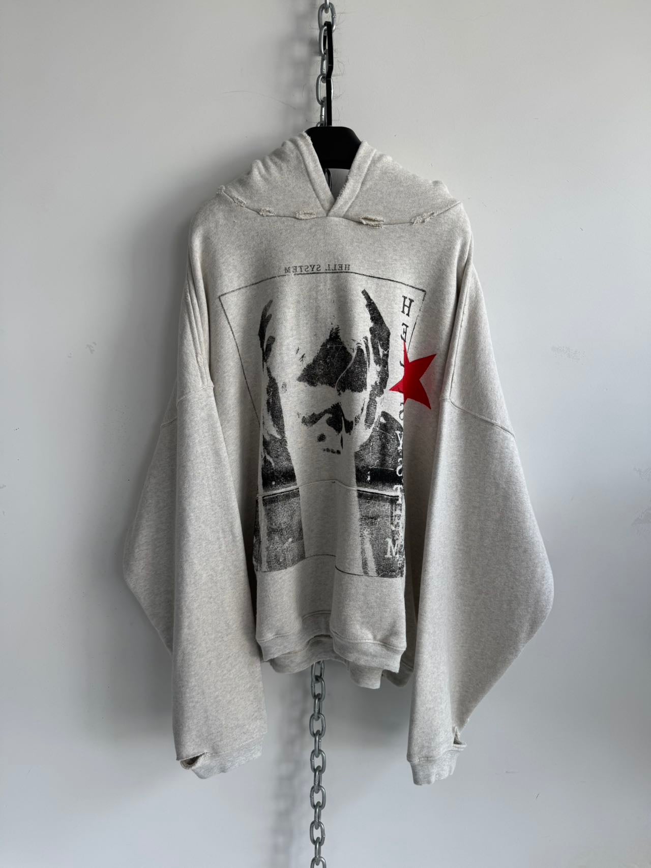 Distressed Short-Sleeve Wide-Fit Pure Cotton Hoodie