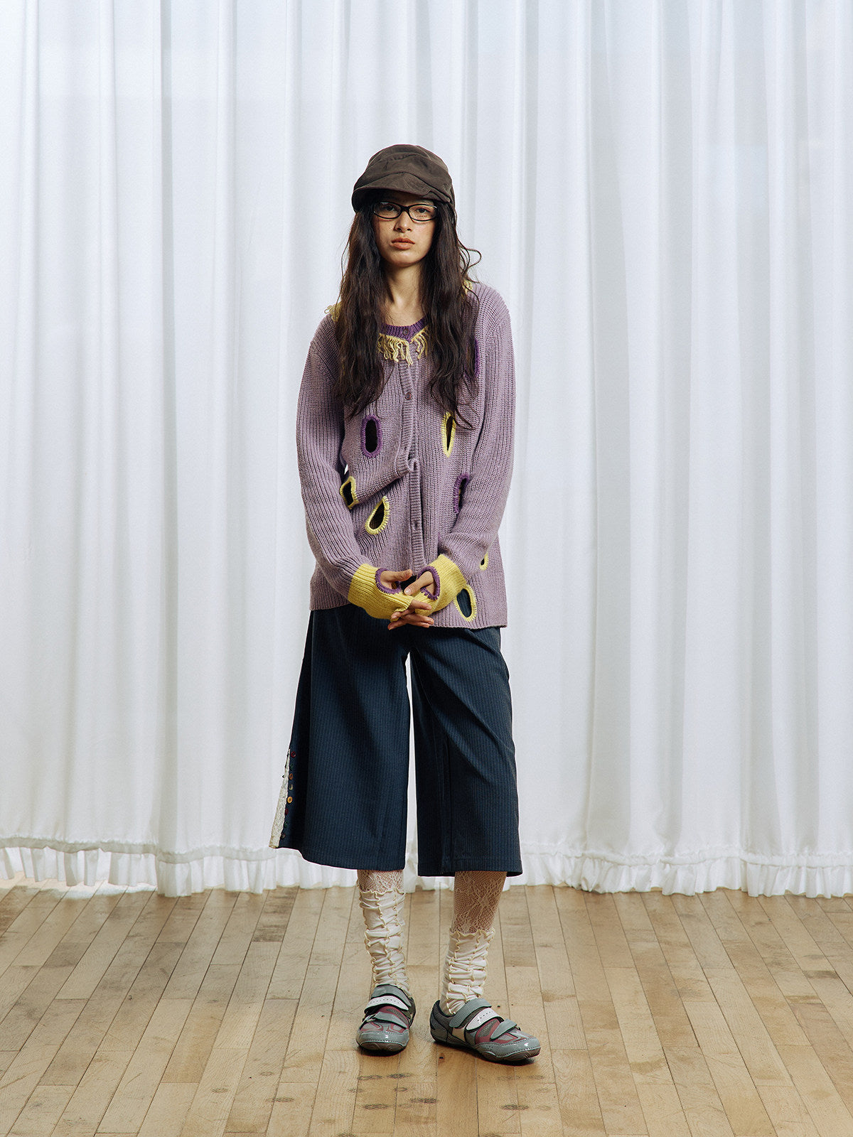 Hollowed-out wool blend cardigan