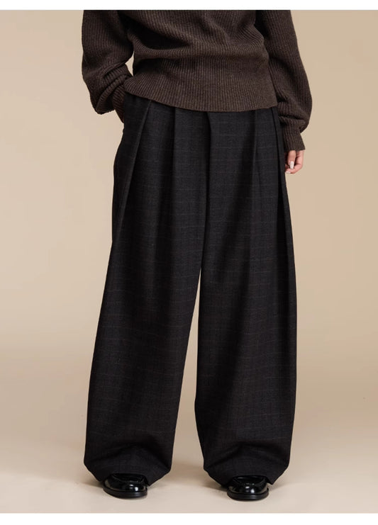 Retro Check Pattern Wide Leg Casual Pants